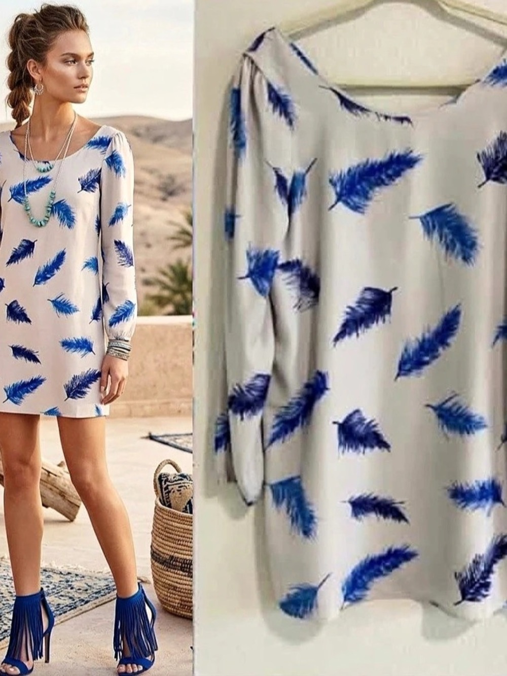 NWT Rory Beca x 21 Long Sleeve Feather Boho Dress Blue Gray
